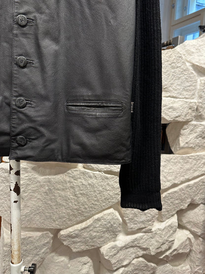 Leather Wool Cardigan レザー ニット 
カーディガン Black 黒 エルボーパッチ Toto Vintage store Vintage clothing Praha Prague プラハ 古着屋 古着 ユーロ古着 ヨーロッパ古着 古着卸 フランス買い付け