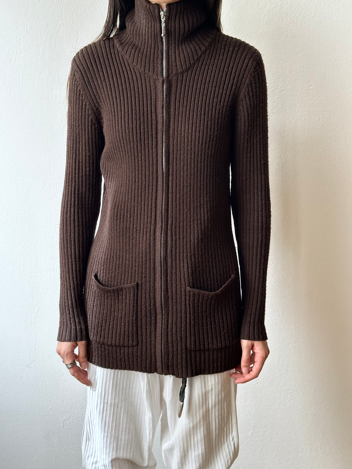 chocolate brown zip-up knit jacket