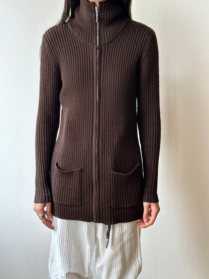 chocolate brown zip-up knit jacket