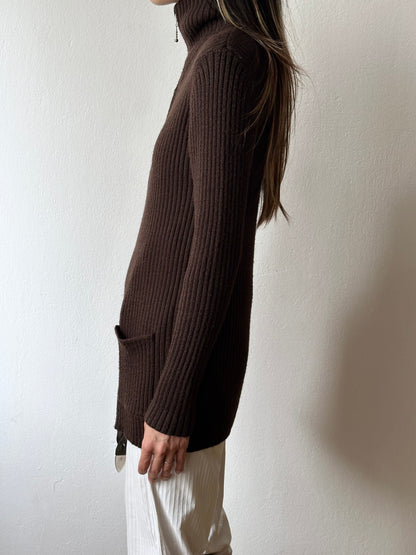 chocolate brown zip-up knit jacket
