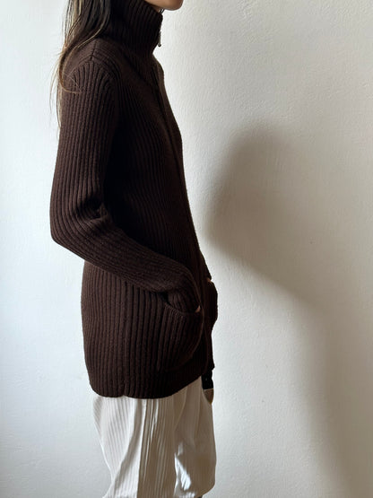 chocolate brown zip-up knit jacket