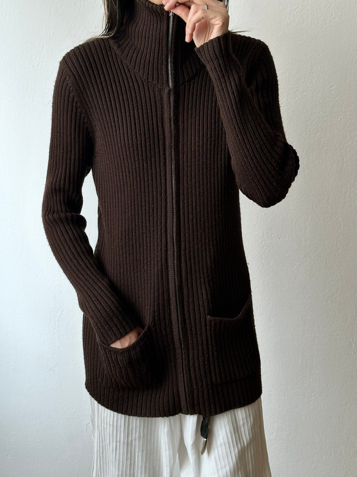 chocolate brown zip-up knit jacket