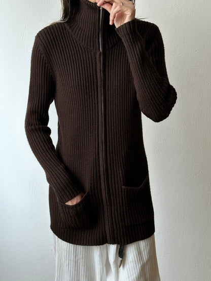 chocolate brown zip-up knit jacket