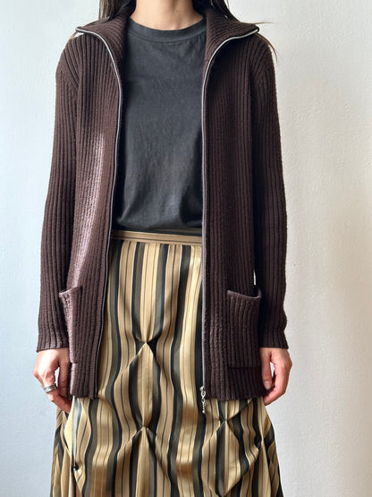 chocolate brown zip-up knit jacket