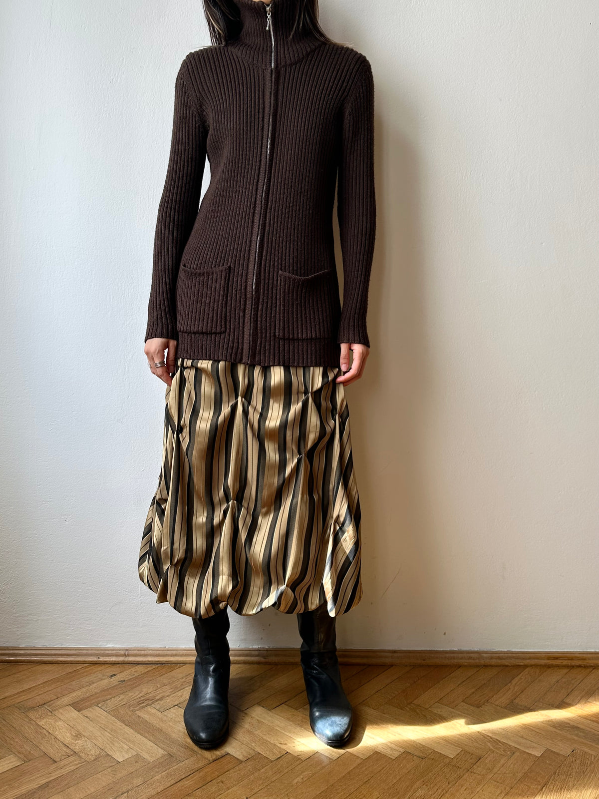 chocolate brown zip-up knit jacket
