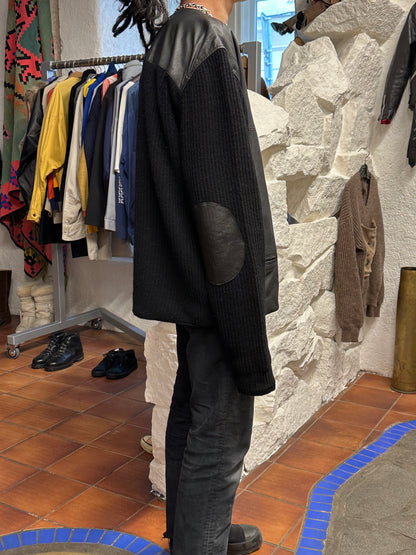 Leather Wool Cardigan レザー ニット 
カーディガン Black 黒 エルボーパッチ Toto Vintage store Vintage clothing Praha Prague プラハ 古着屋 古着 ユーロ古着 ヨーロッパ古着 古着卸 フランス買い付け