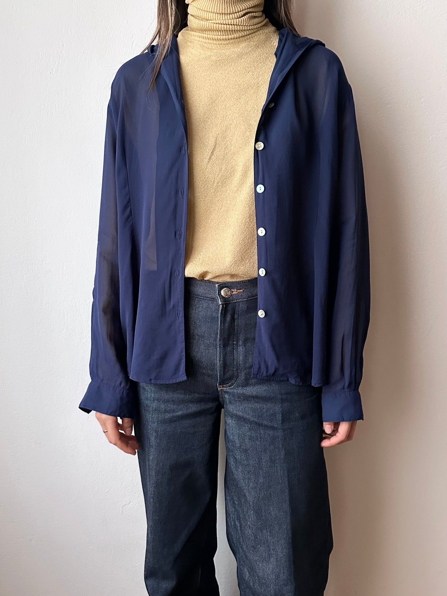 Hooded sheer shirt jacket in navy