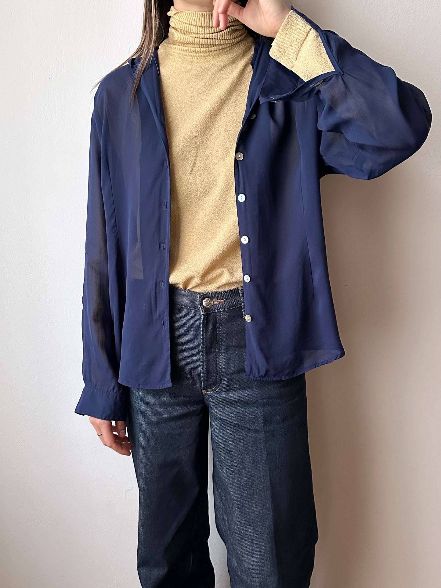 Hooded sheer shirt jacket in navy