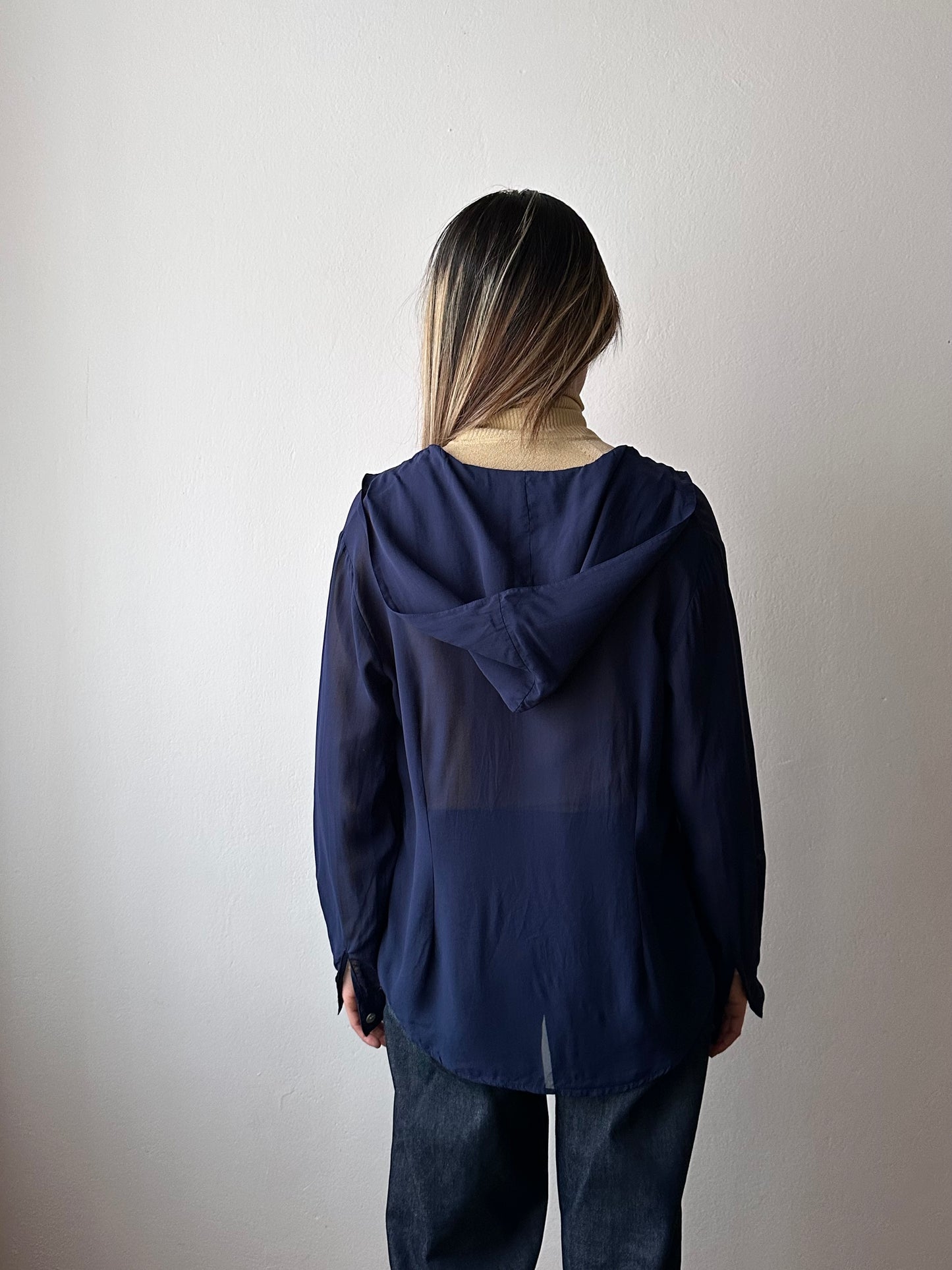 Hooded sheer shirt jacket in navy