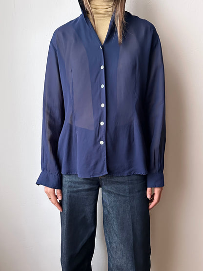 Hooded sheer shirt jacket in navy