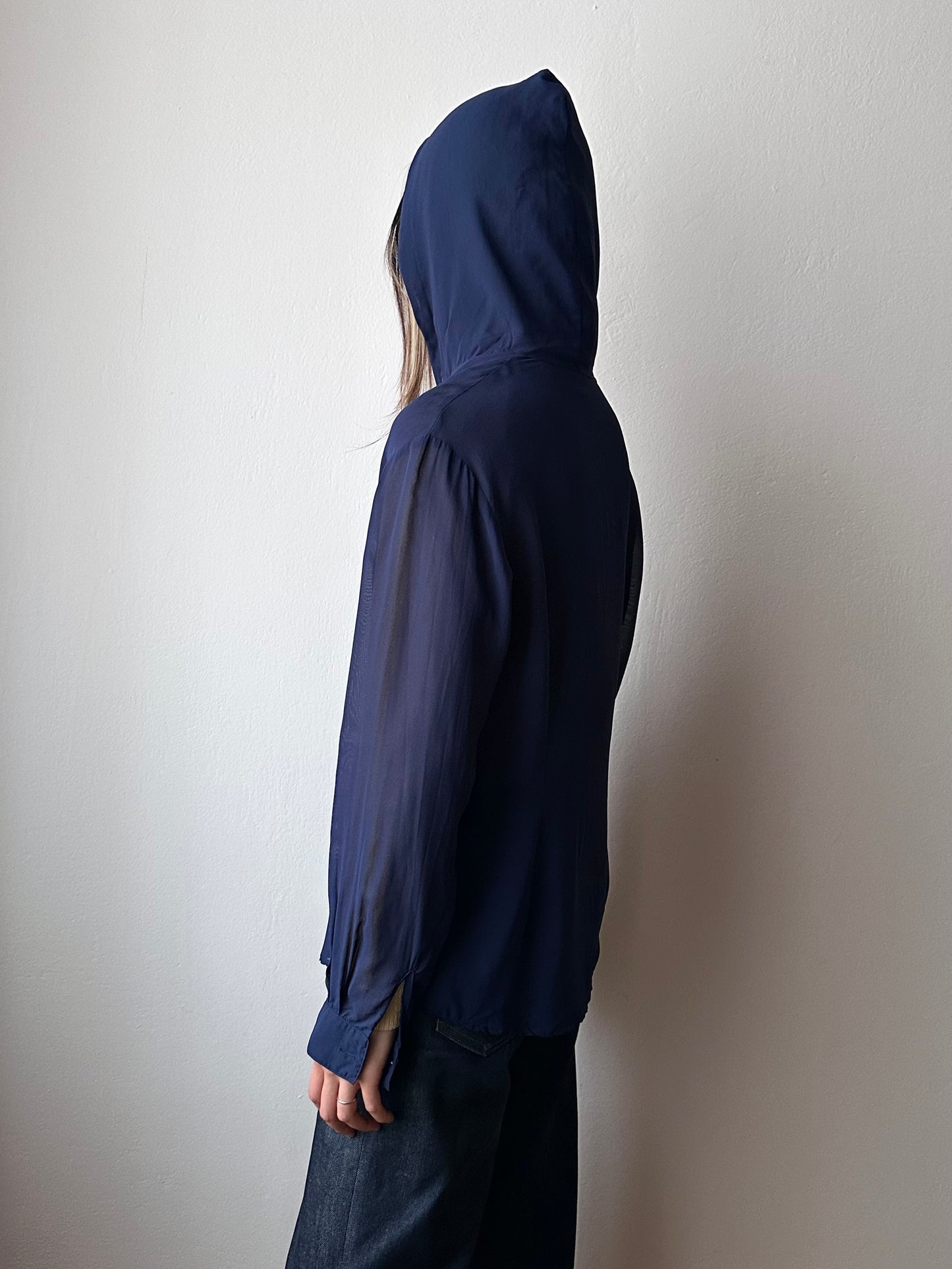 Hooded sheer shirt jacket in navy