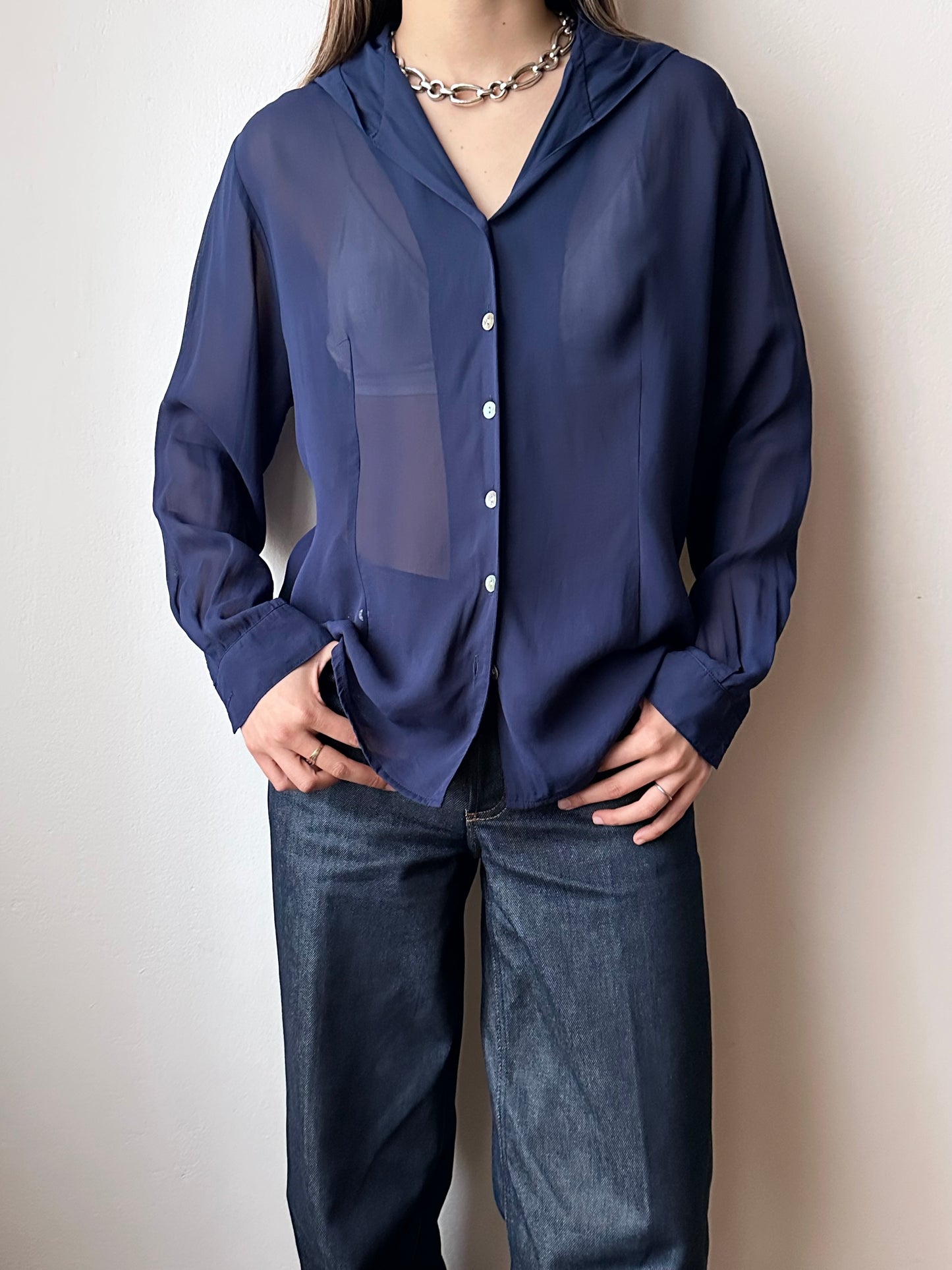 Hooded sheer shirt jacket in navy