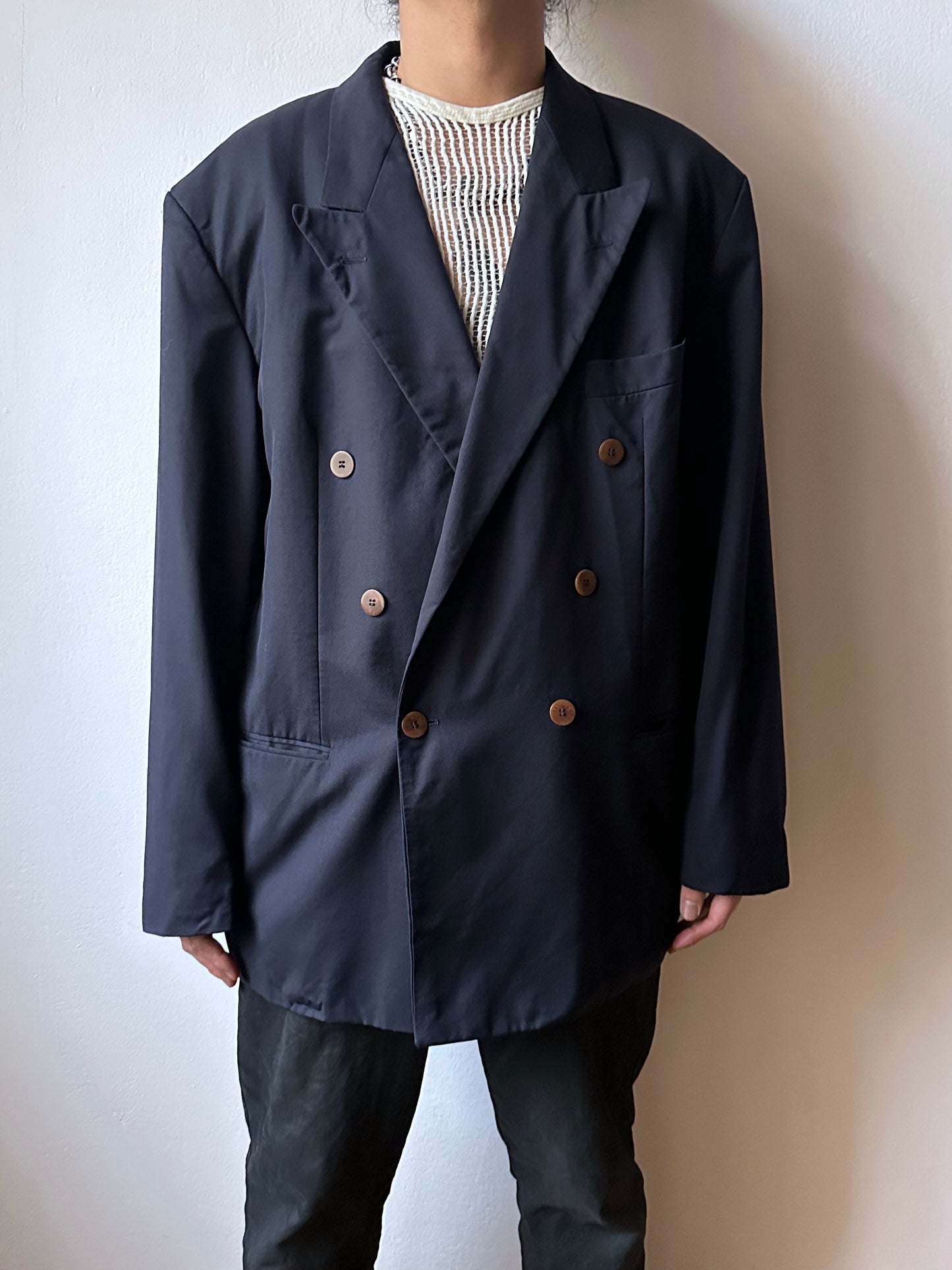 1990's HUGO BOSS navy double breasted blazer 90's Vintage Toto Praha Antique shop Vintage clothing store 古着屋 ユーロ古着 ヨーロッパ古着