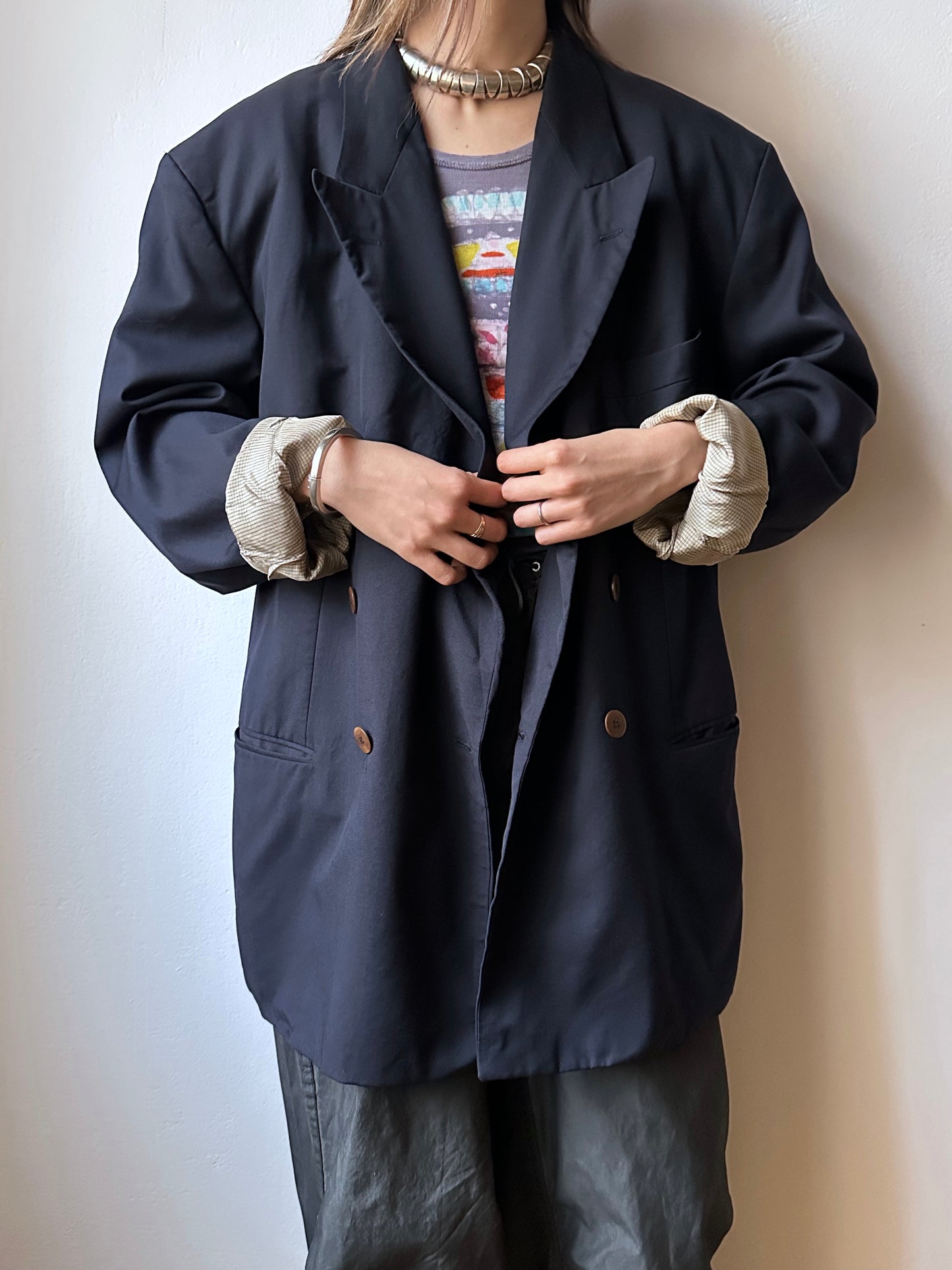 1990's HUGO BOSS navy double breasted blazer 90's Vintage Toto Praha Antique shop Vintage clothing store 古着屋 ユーロ古着 ヨーロッパ古着