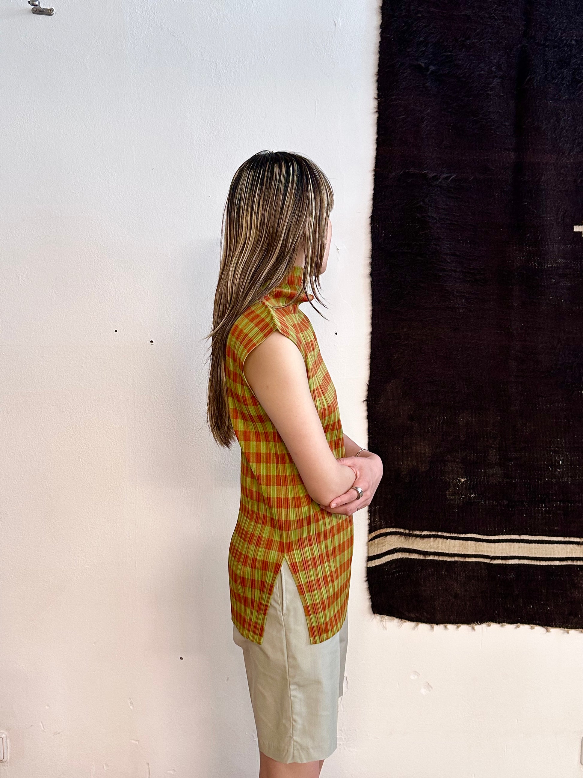 PLEATS PLEASE ISSEY MIYAKE 1997 1990s 90s vintage striped pattern plaid brown blue SS プリーツプリーズ イッセイミヤケ ヴィンテージ 1990's 90's 三宅一生 古着 古着屋 プラハ TOTO ヴィンテージストア Prague antique shop Praha vintage clothing store