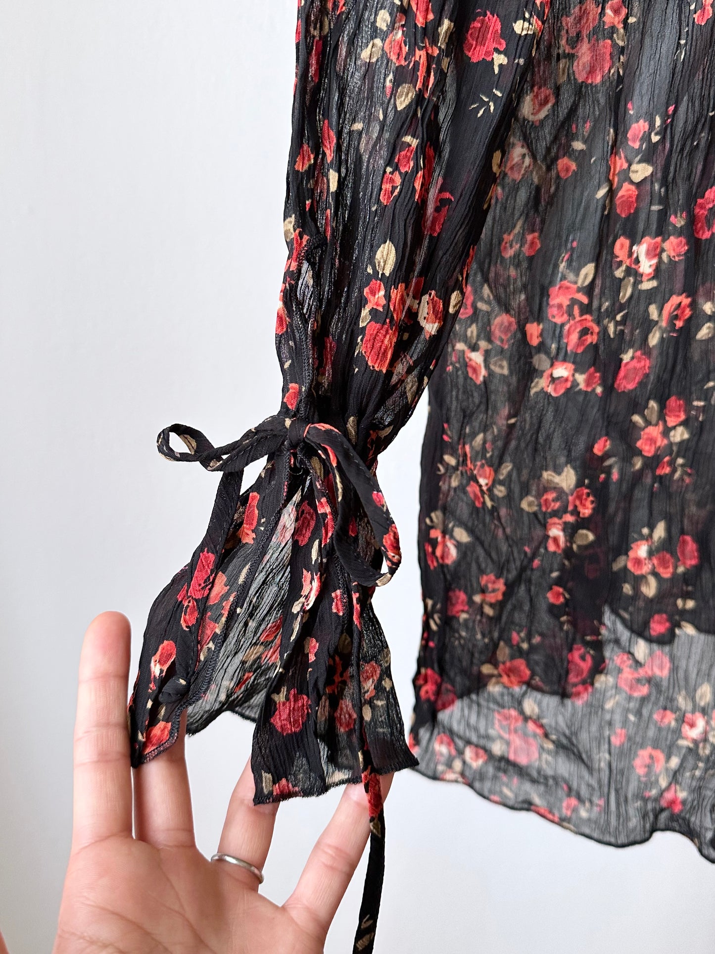 90s black sheer crinkle blouse