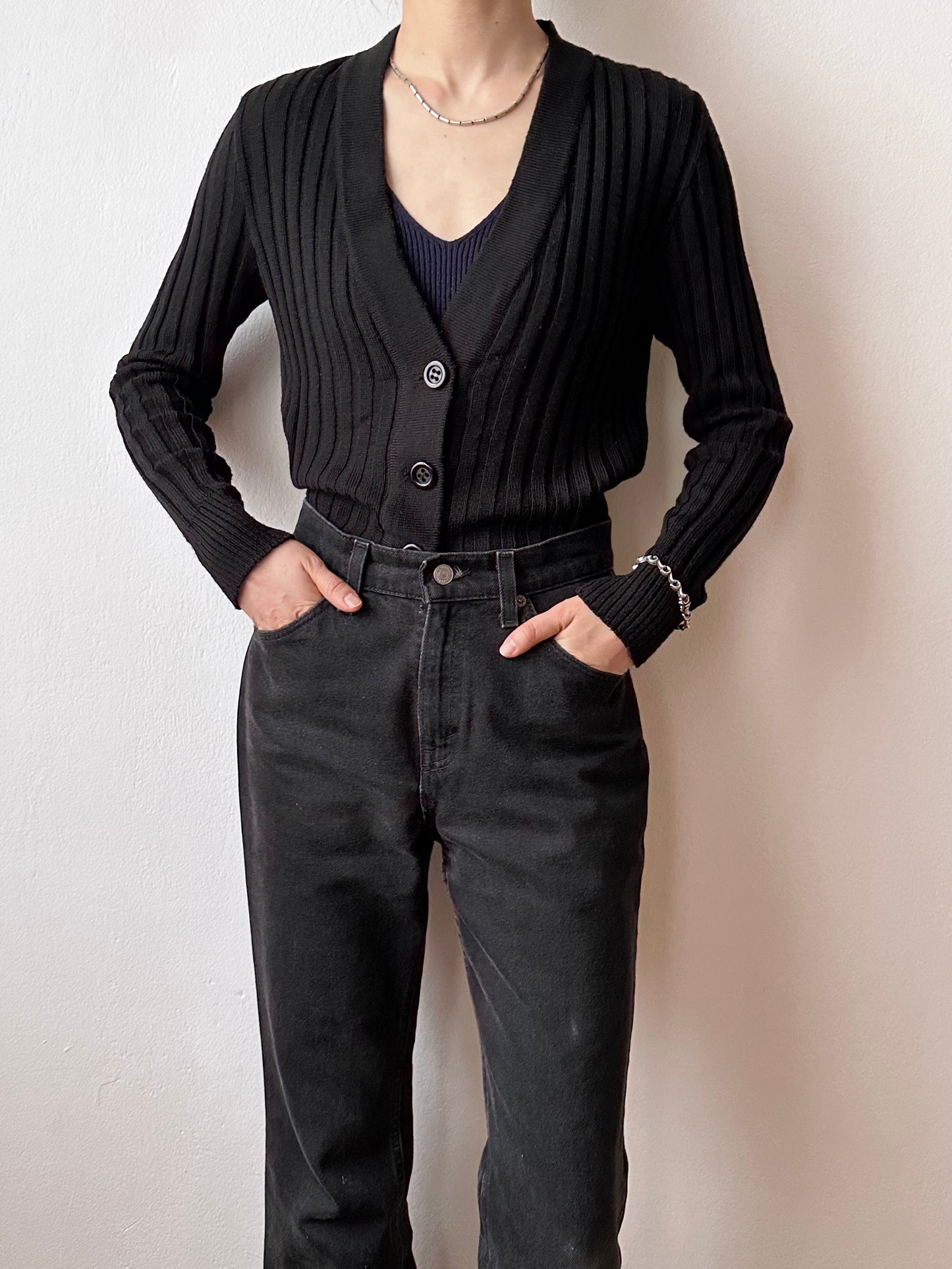 70s black rib cardigan