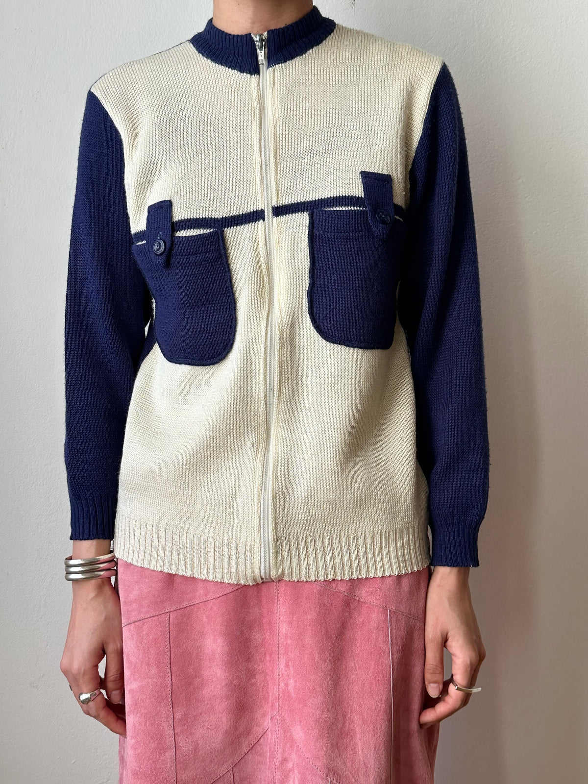 vintage zip-up knit cardigan with pockets