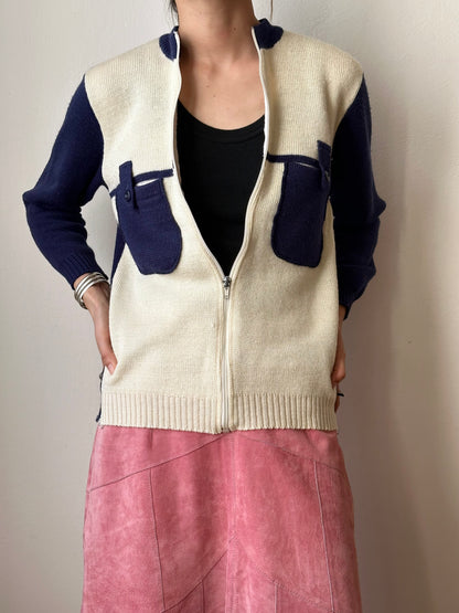 vintage zip-up knit cardigan with pockets