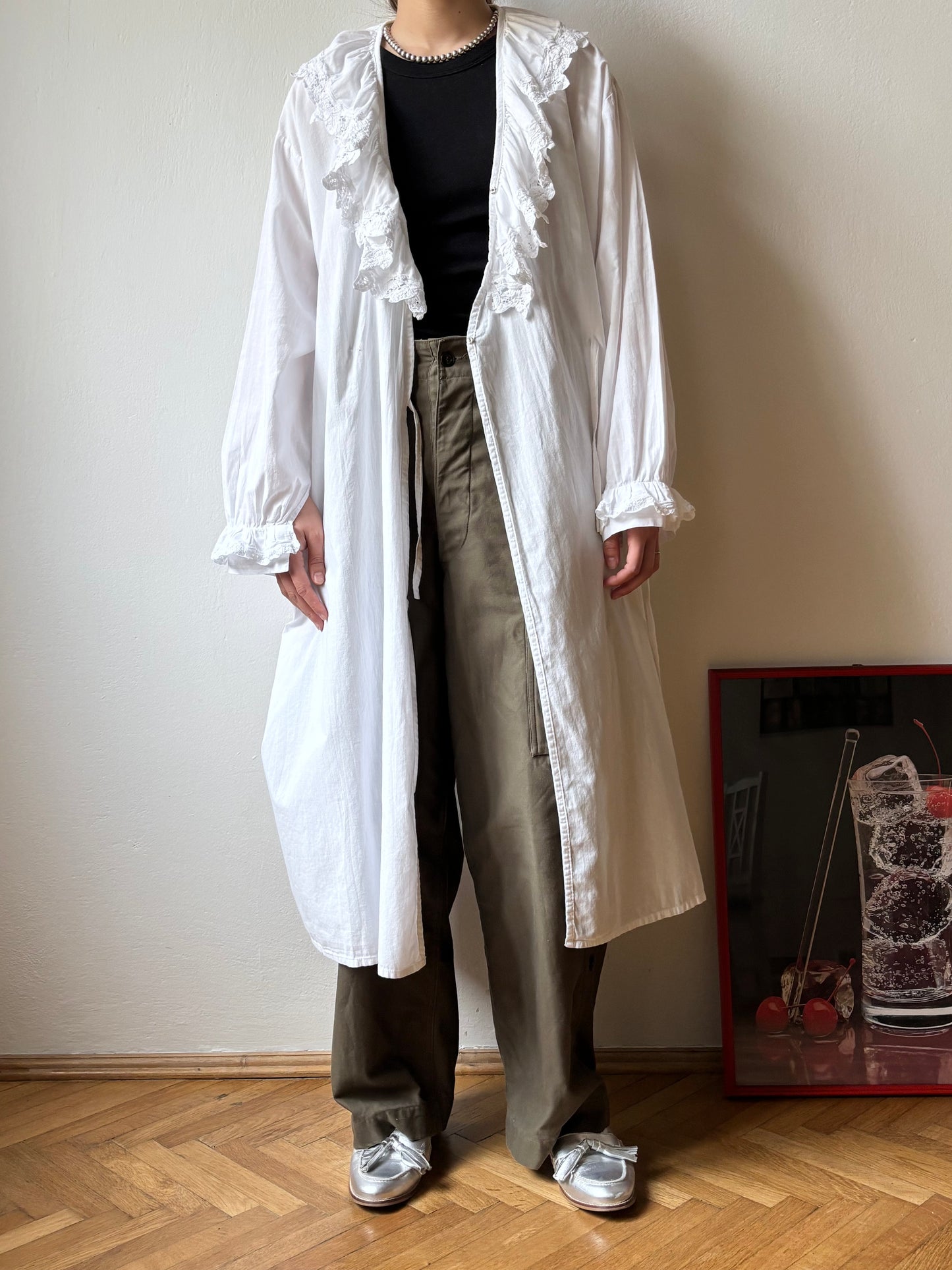 Vintage battenburg lace frill gown