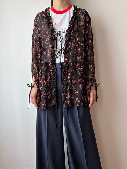 90s black sheer crinkle blouse