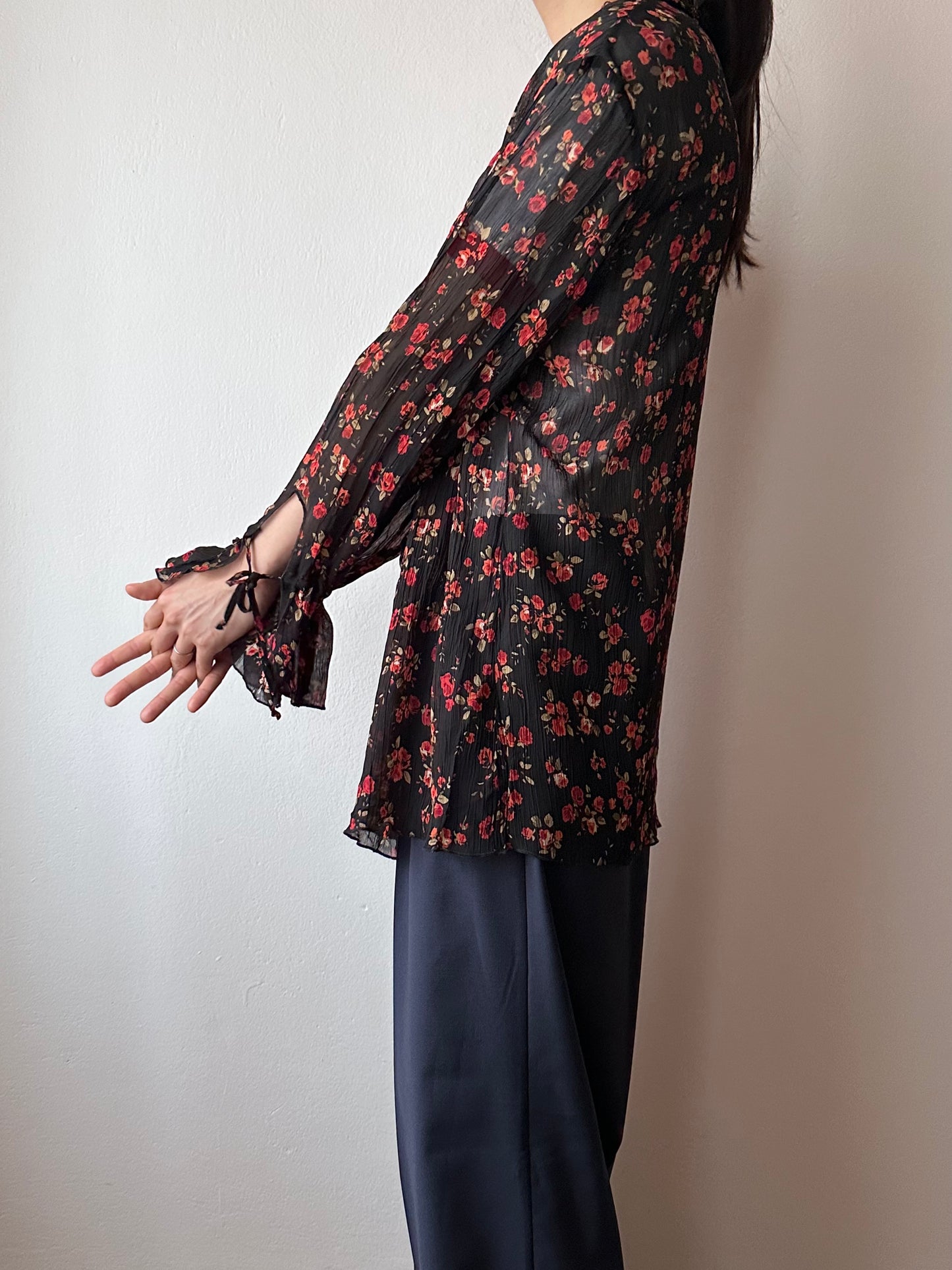 90s black sheer crinkle blouse