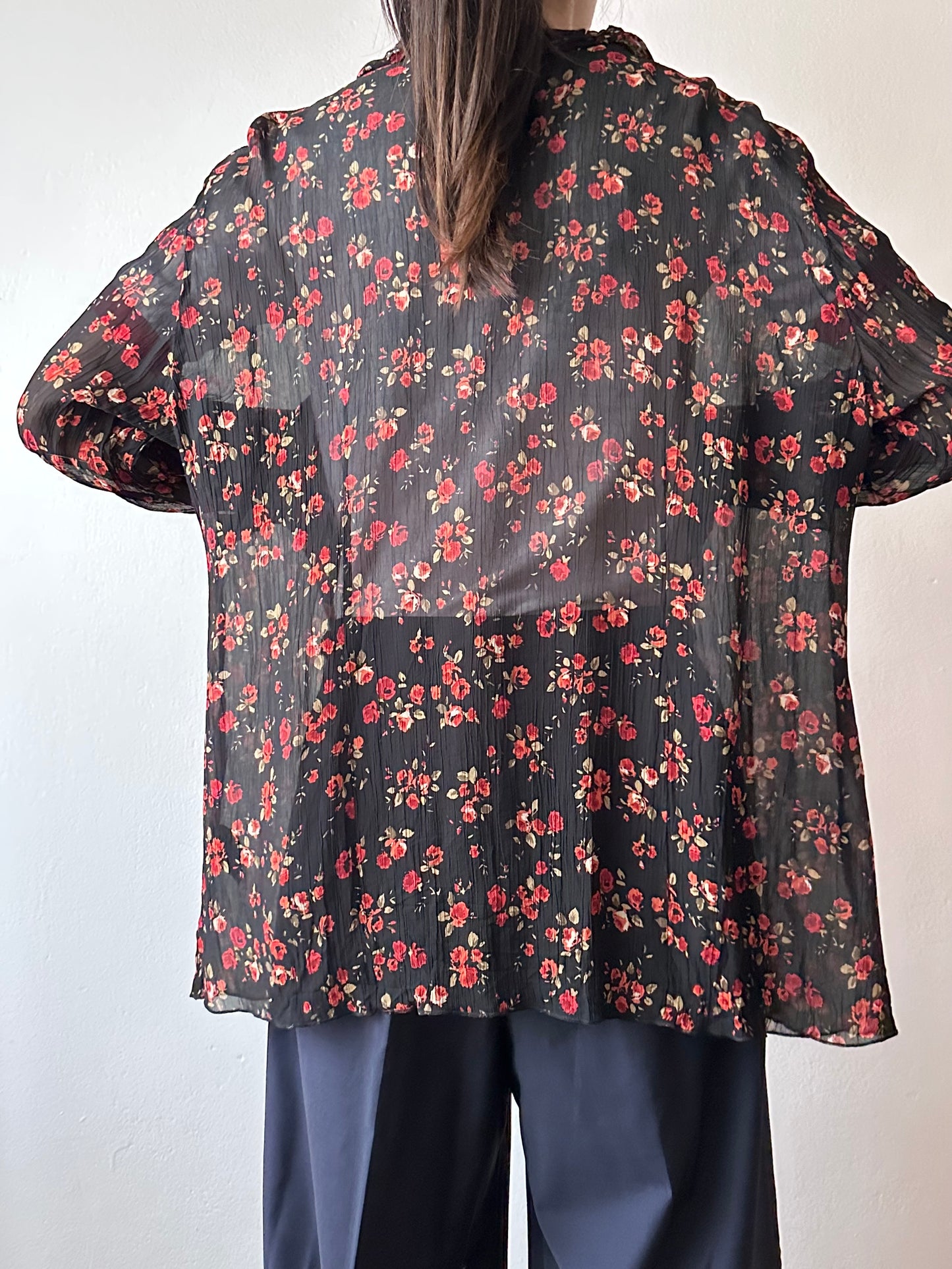 90s black sheer crinkle blouse