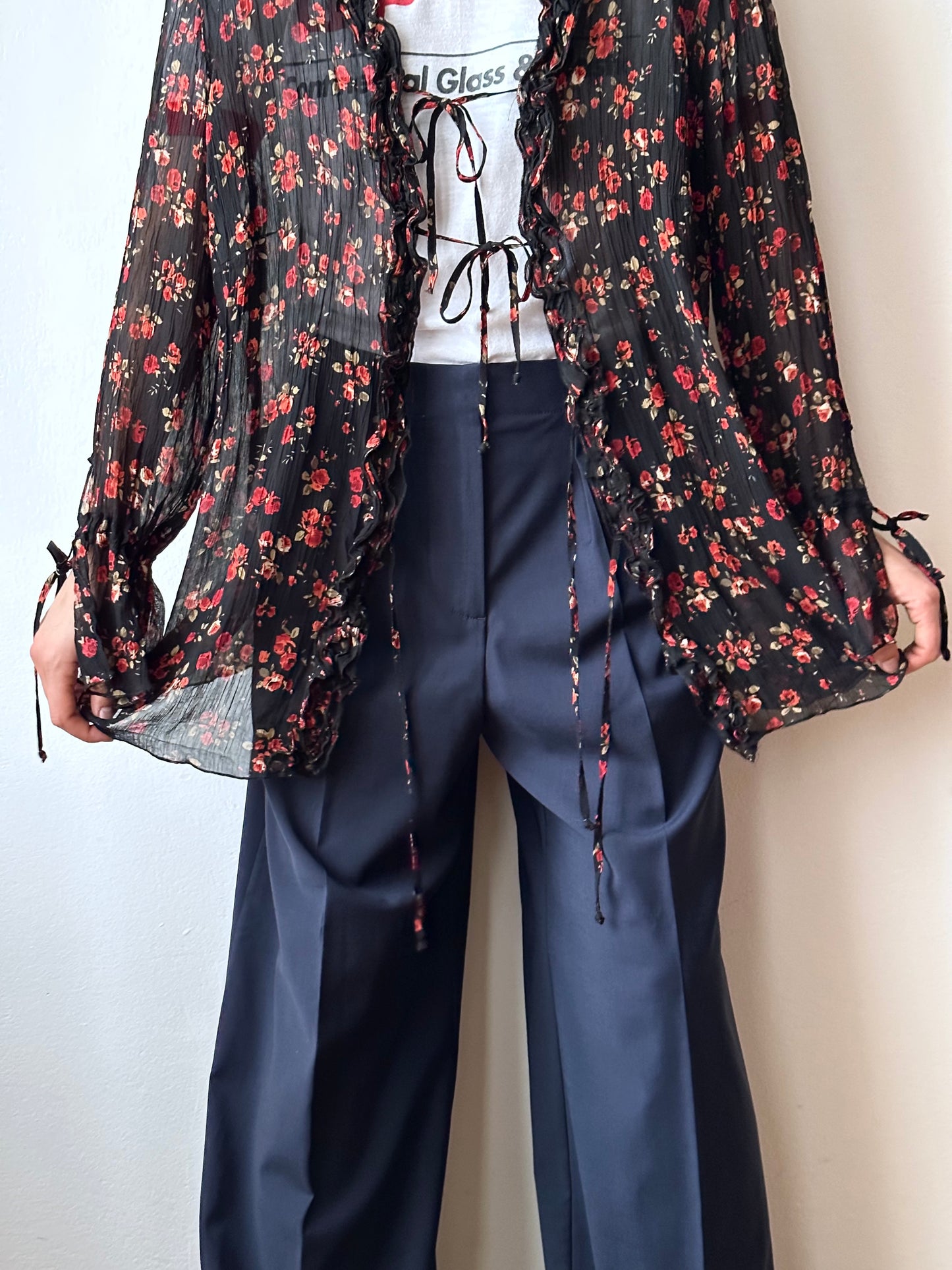 90s black sheer crinkle blouse