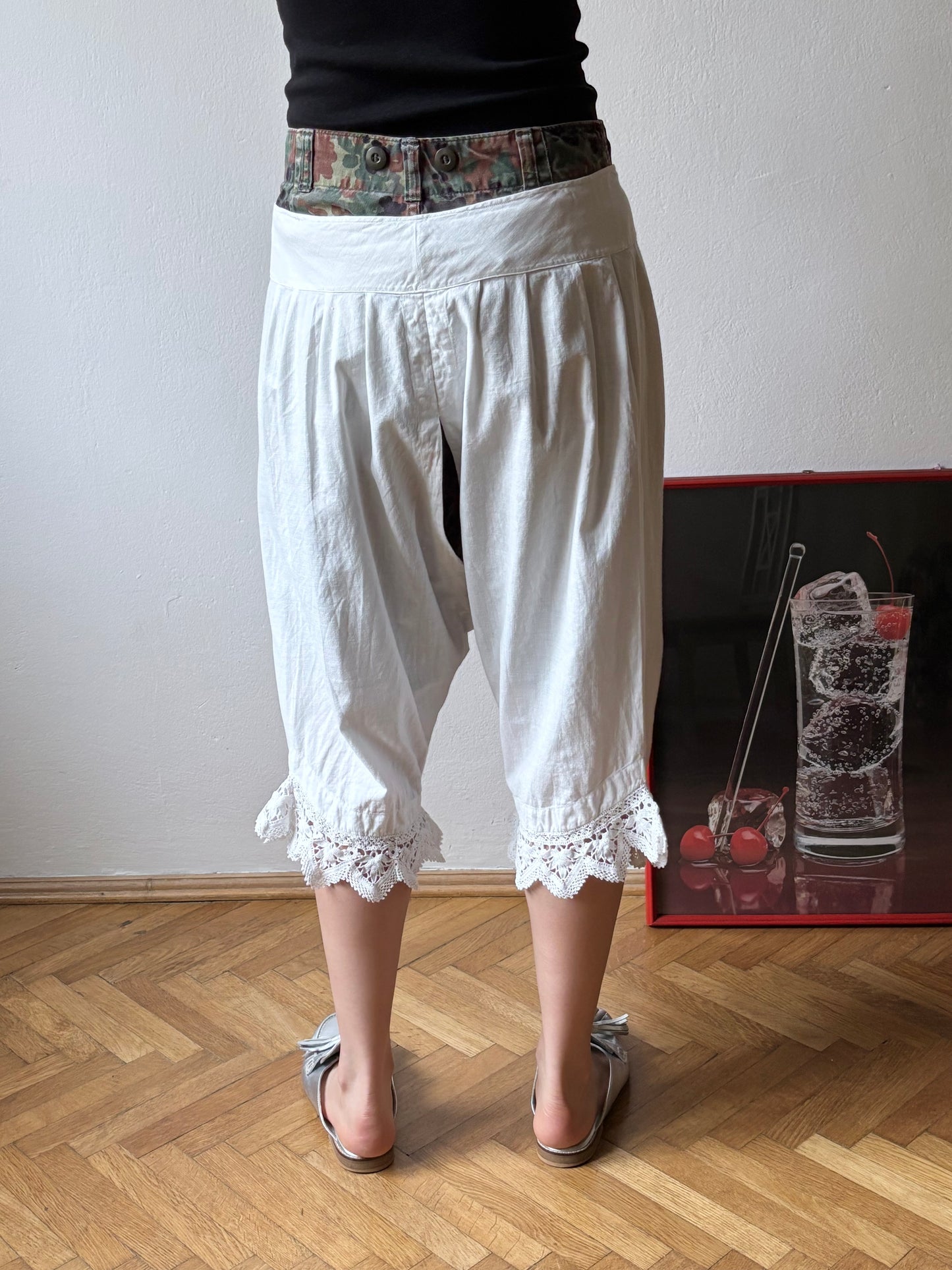 19th century cotton drawers with crochet lace