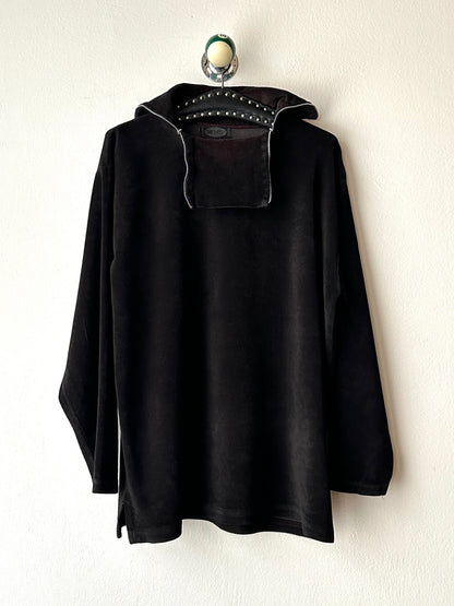 1990s black faux velour top - L~XL