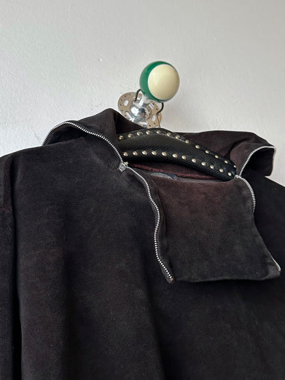 1990s black faux velour top - L~XL