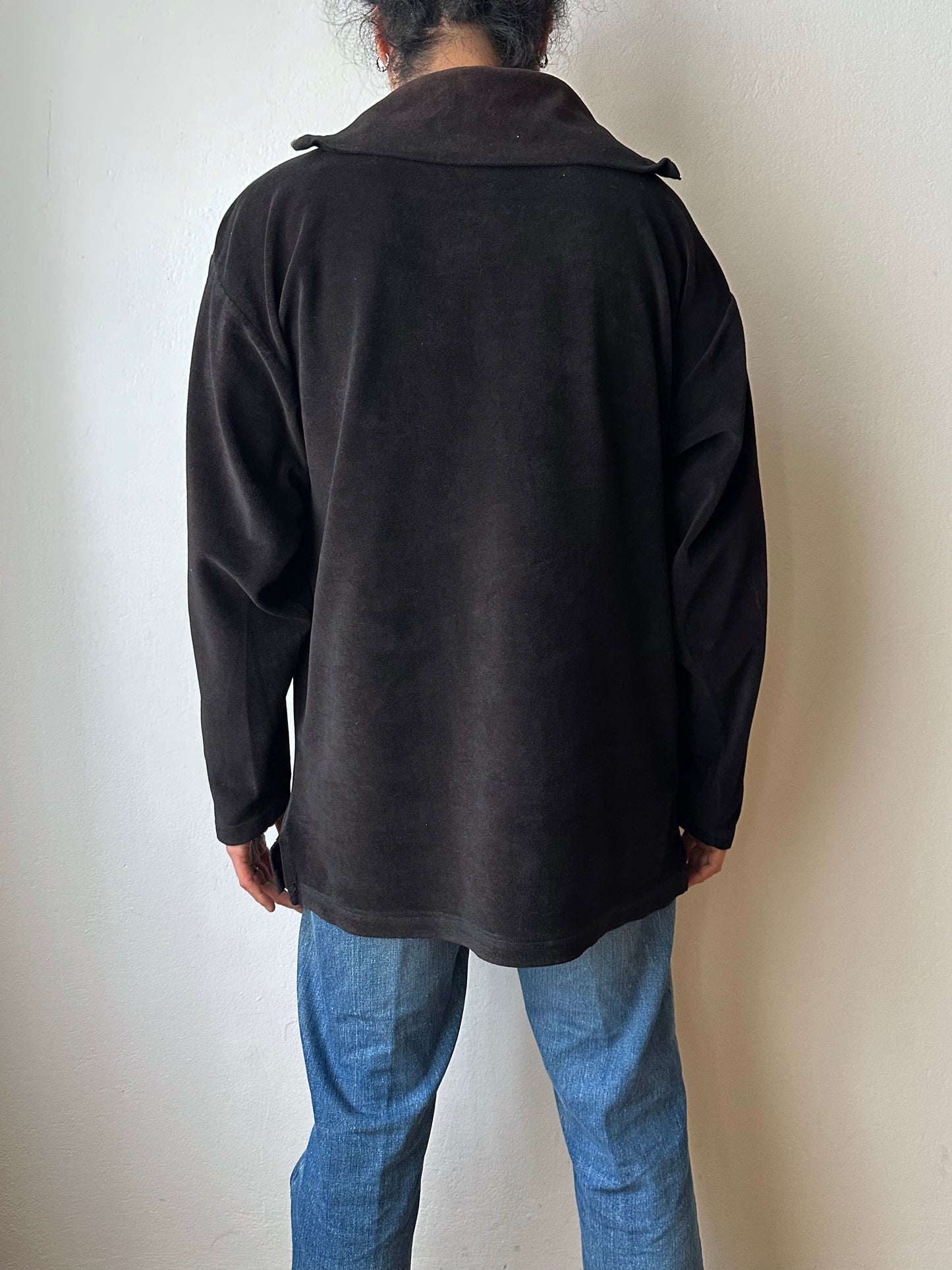 1990s black faux velour top - L~XL