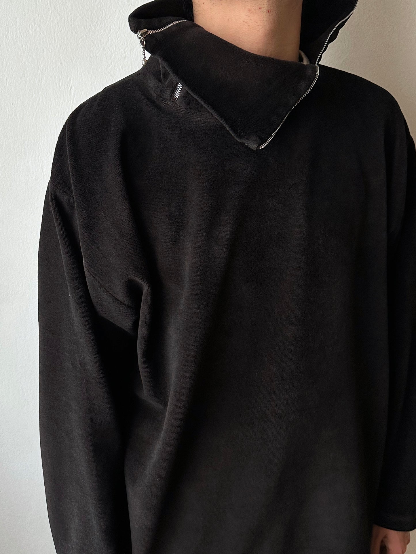 1990s black faux velour top - L~XL