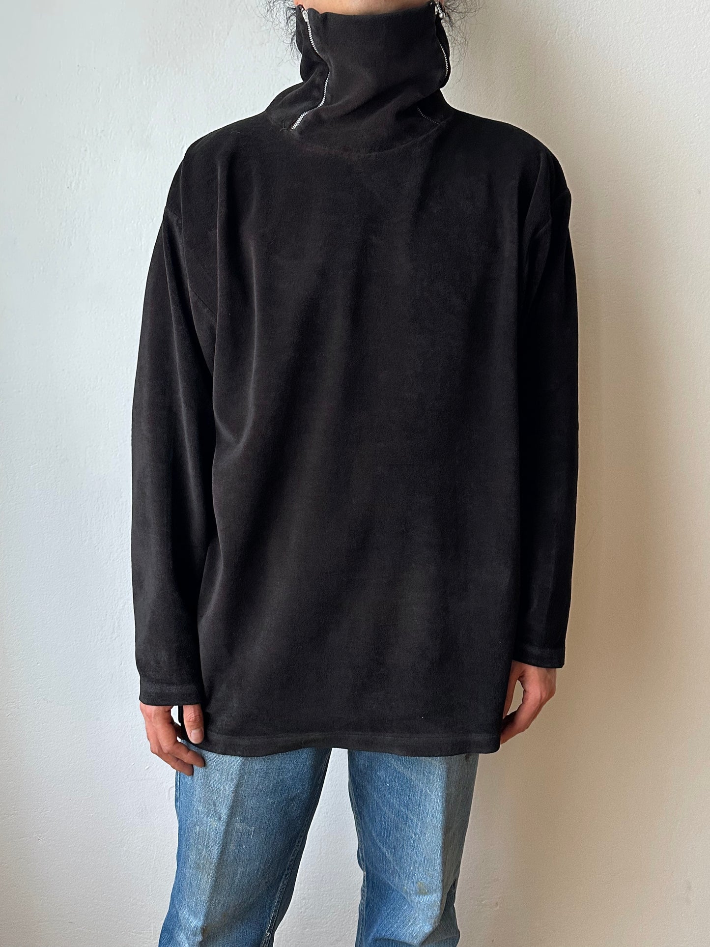 1990s black faux velour top - L~XL