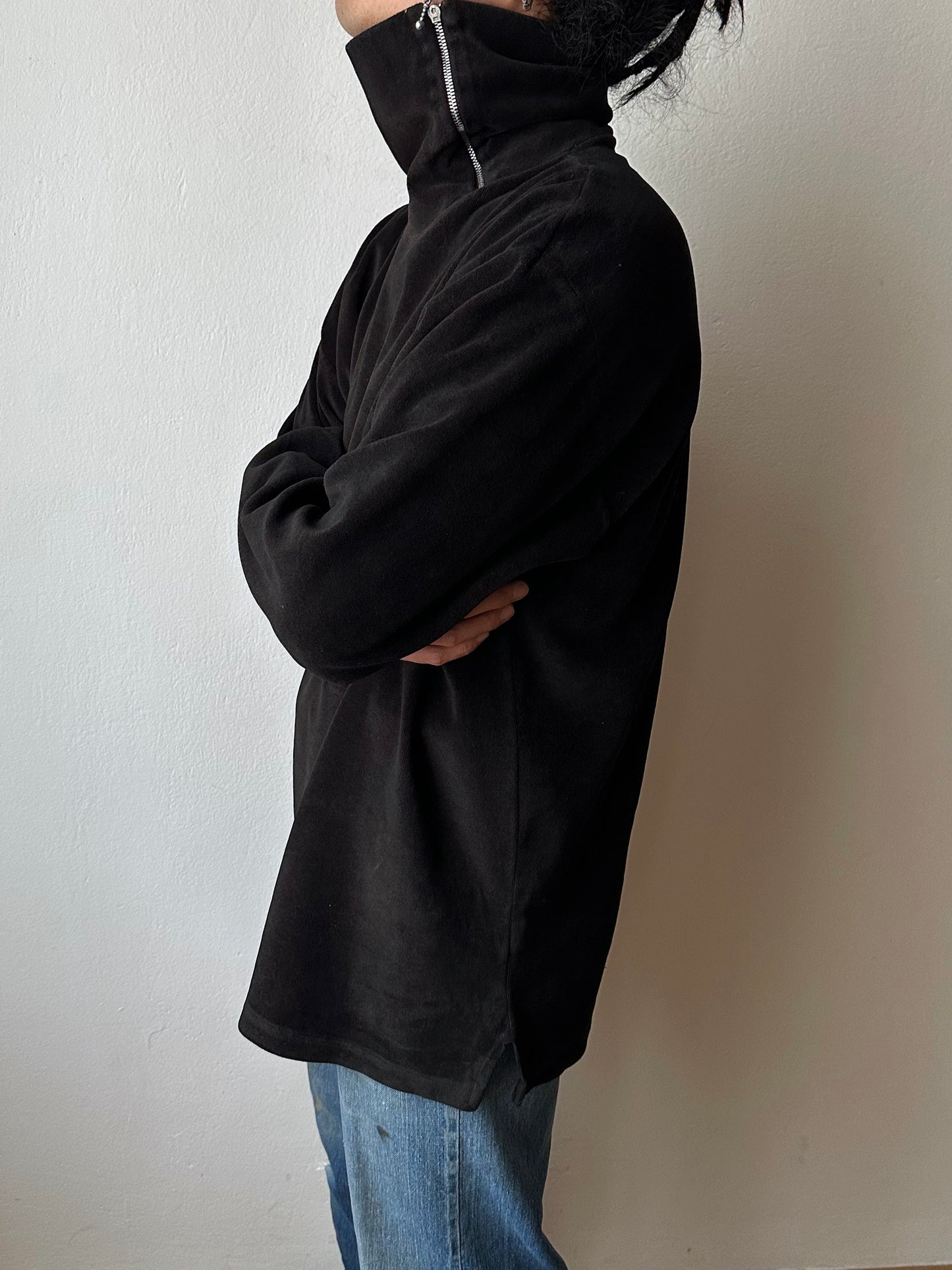 1990s black faux velour top - L~XL