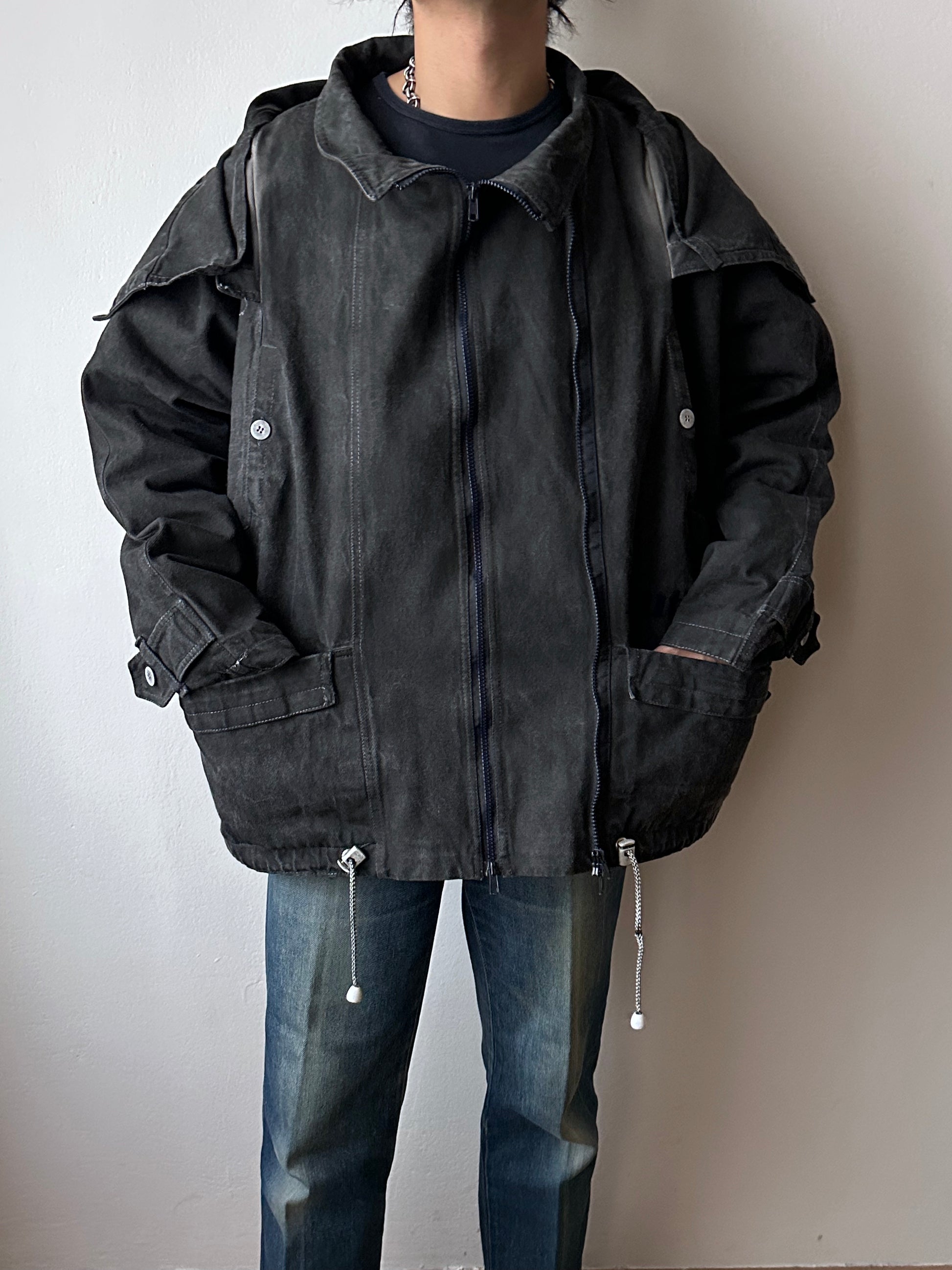 Berlin 90's Cotton jacket many zipper Garment dyed Black Toto Praha Vintage clothing store Showroom Prague Rare 90年代 古着屋  プラハ 黒 ガーメントダイ ユーロ古着 ヨーロッパ古着 ユーロヴィンテージ
