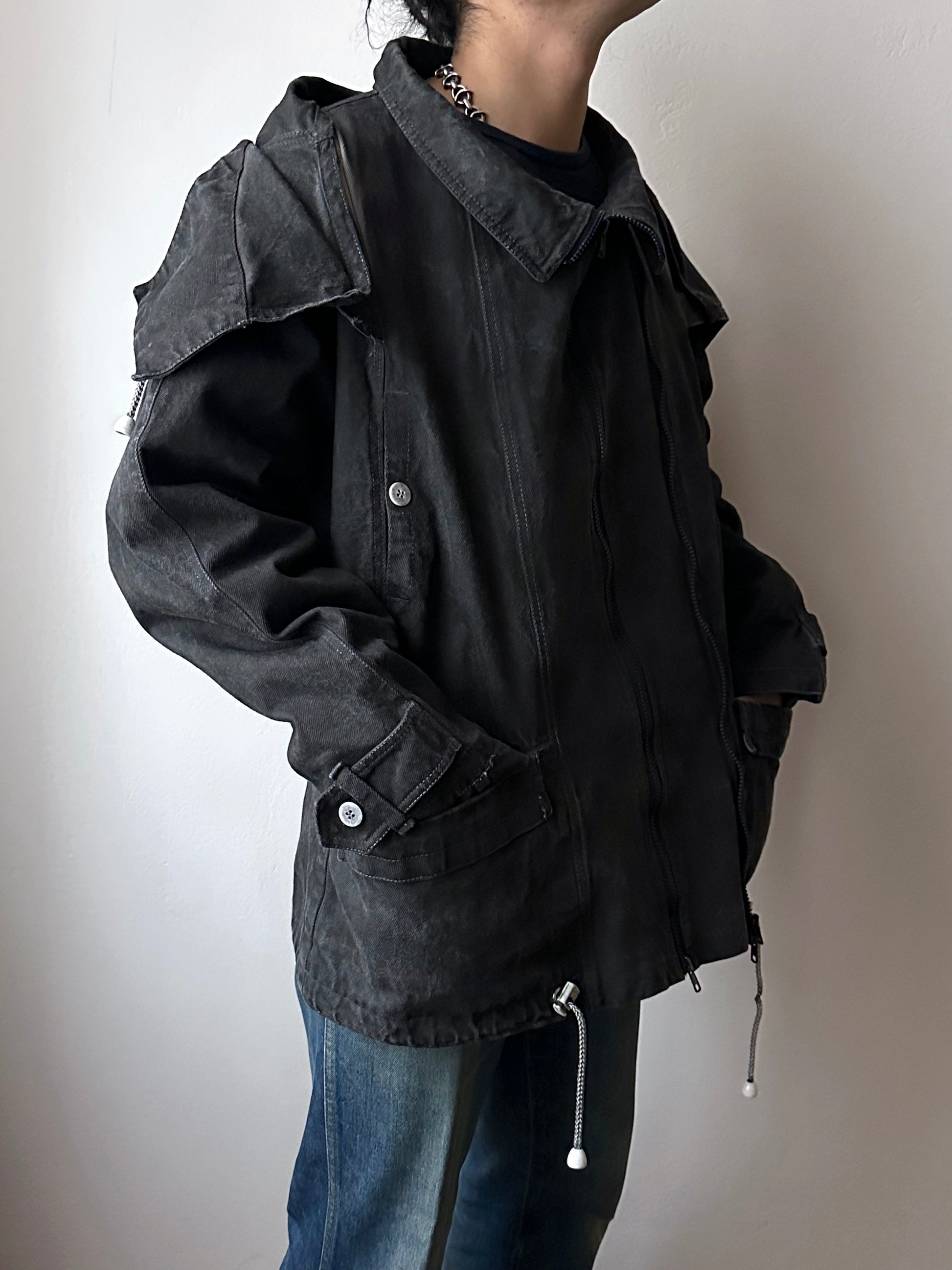 Berlin 90's Cotton jacket many zipper Garment dyed Black Toto Praha Vintage clothing store Showroom Prague Rare 90年代 古着屋  プラハ 黒 ガーメントダイ ユーロ古着 ヨーロッパ古着 ユーロヴィンテージ