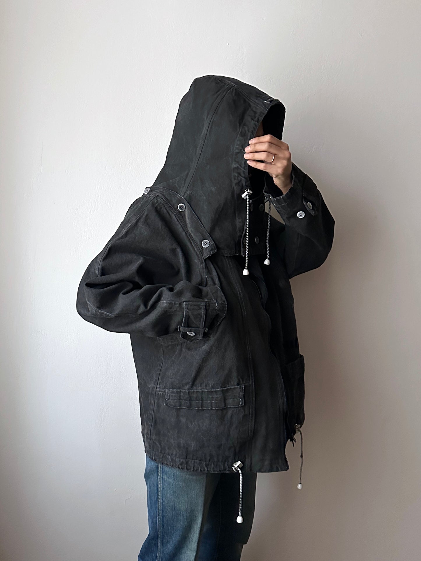 Berlin 90's Cotton jacket many zipper Garment dyed Black Toto Praha Vintage clothing store Showroom Prague Rare 90年代 古着屋  プラハ 黒 ガーメントダイ ユーロ古着 ヨーロッパ古着 ユーロヴィンテージ