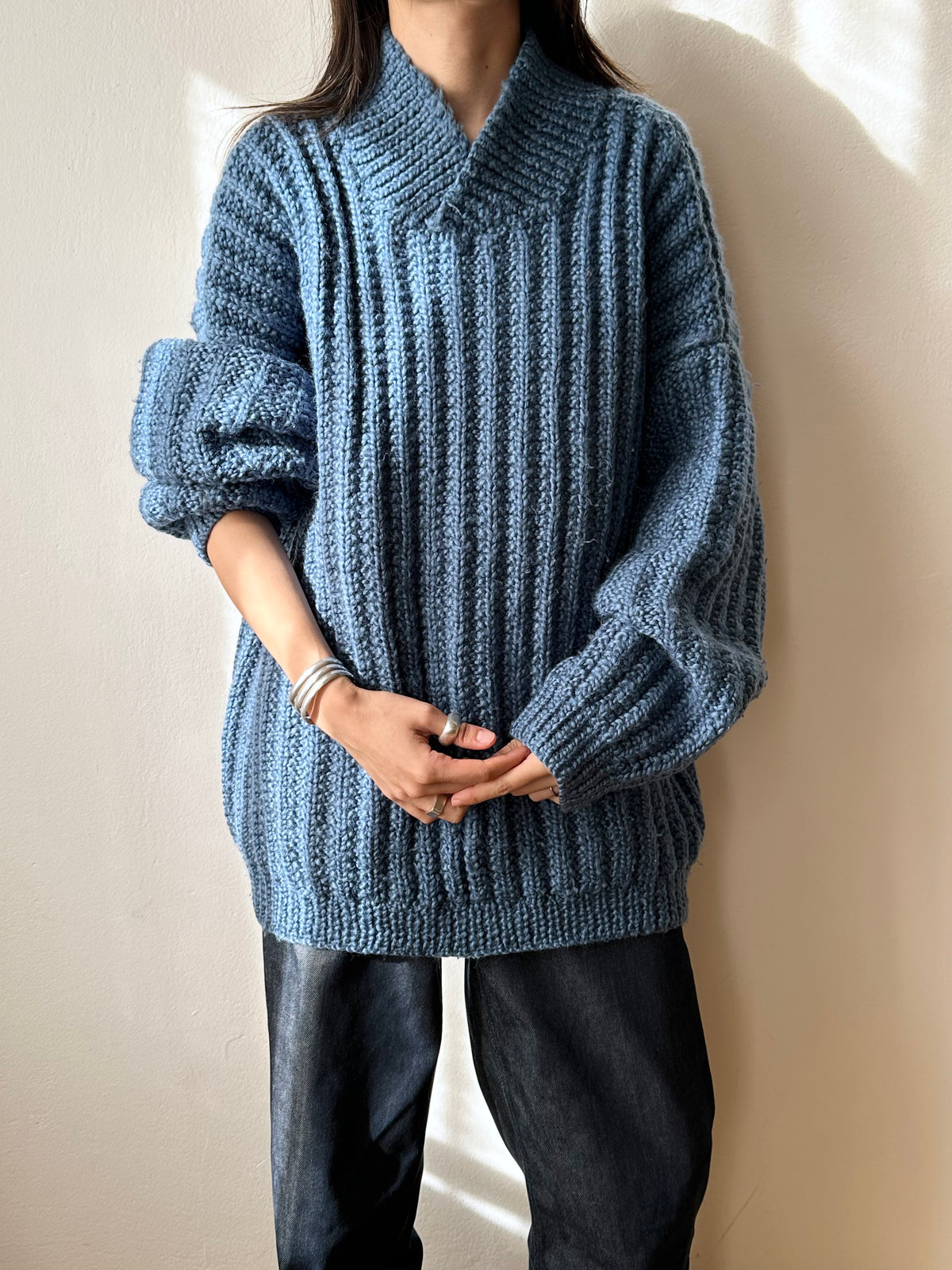 Handmade wool sweater in cloudy blue