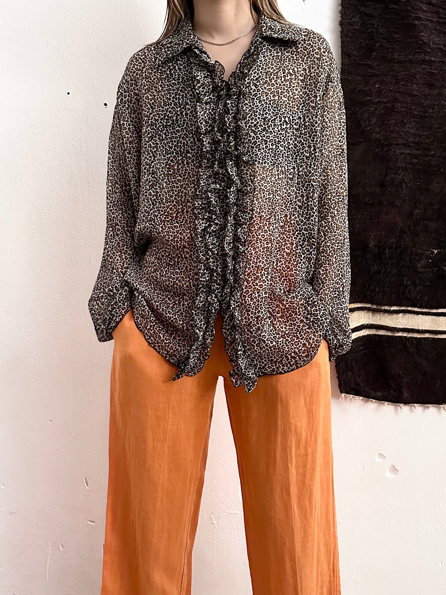 late 90s leopard sheer frill shirt