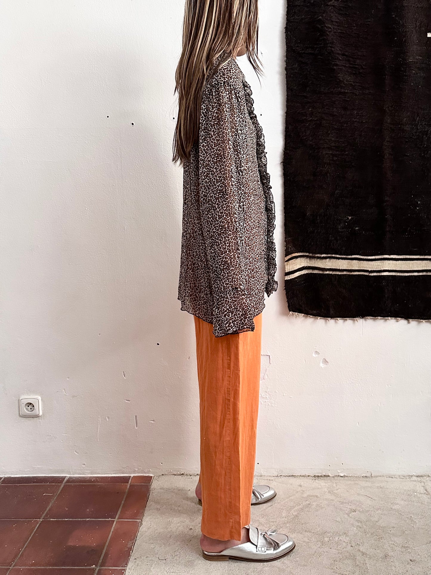 late 90s leopard sheer frill shirt