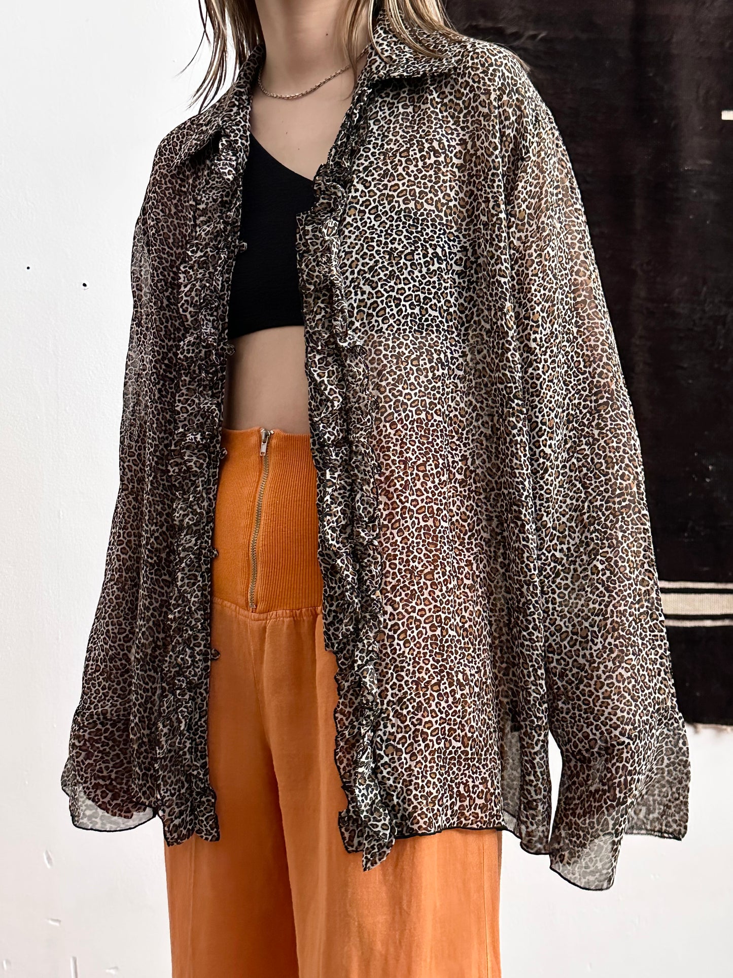 late 90s leopard sheer frill shirt