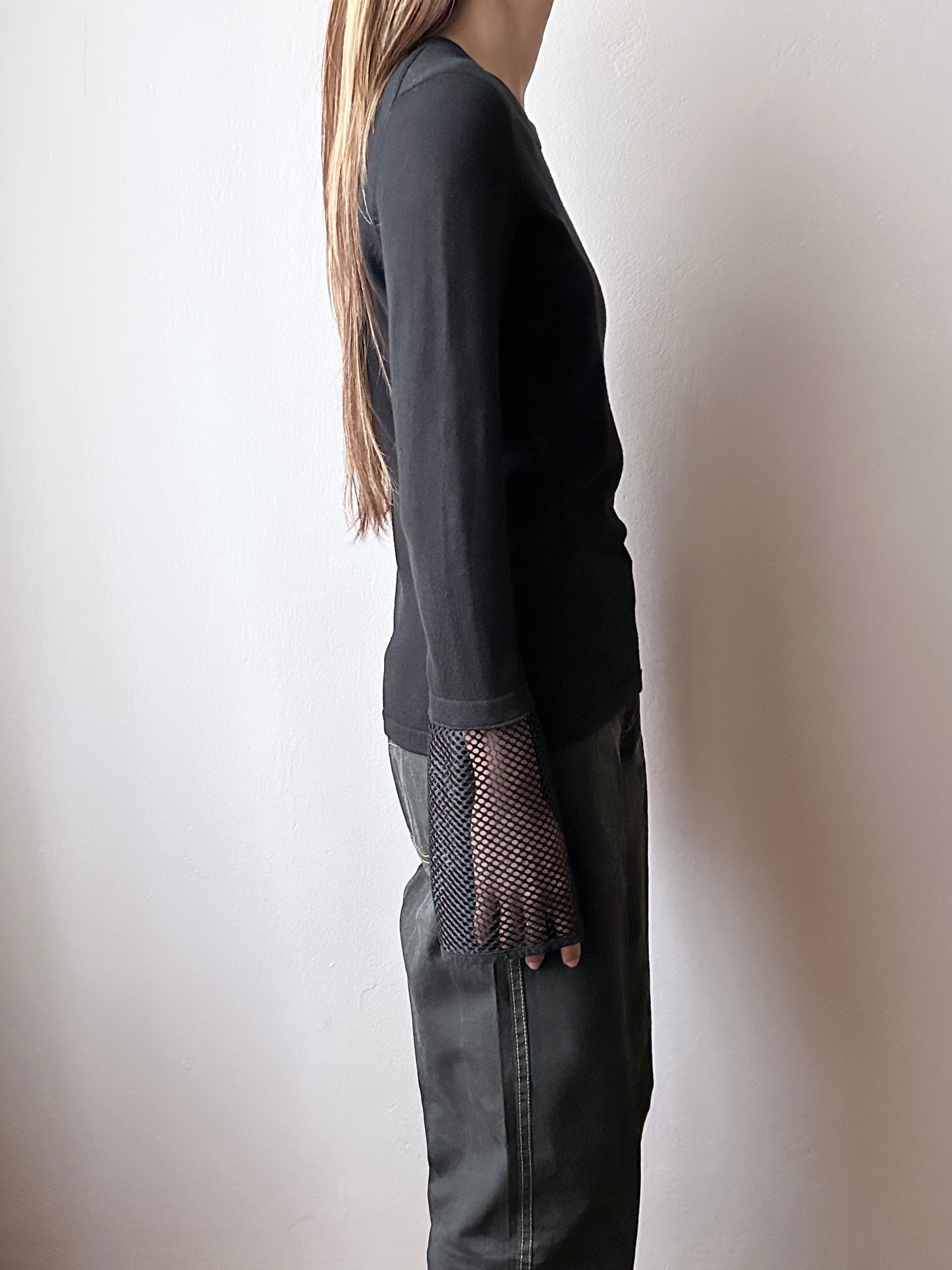 silk cashmere cotton black, mesh cuffs