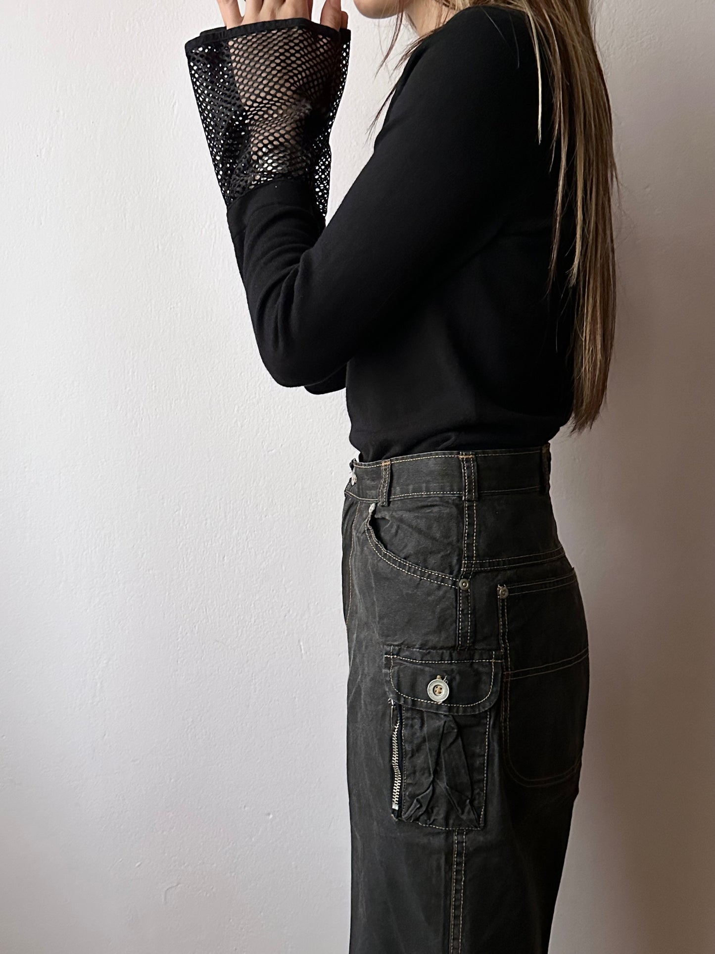 silk cashmere cotton black, mesh cuffs