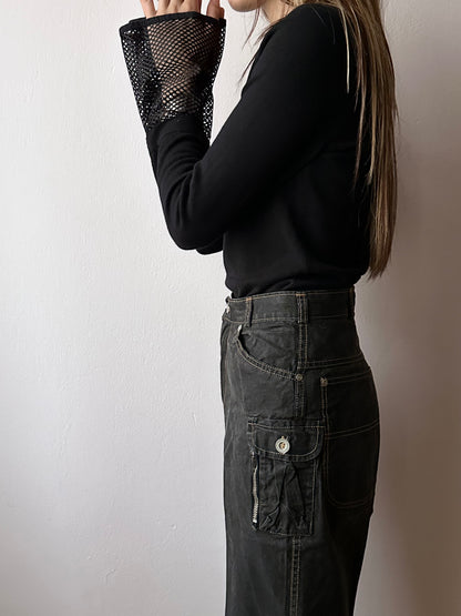 silk cashmere cotton black, mesh cuffs