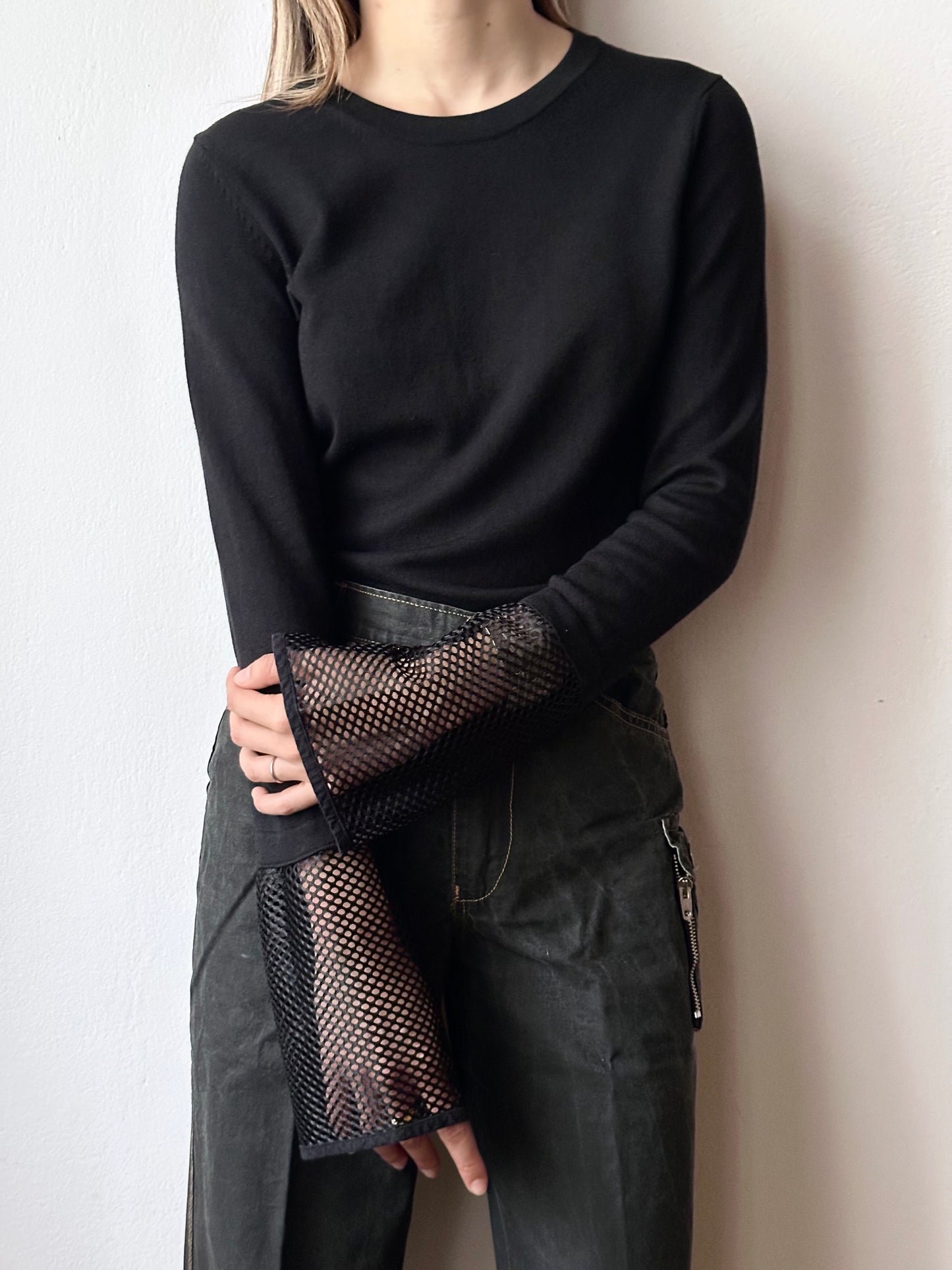 silk cashmere cotton black, mesh cuffs