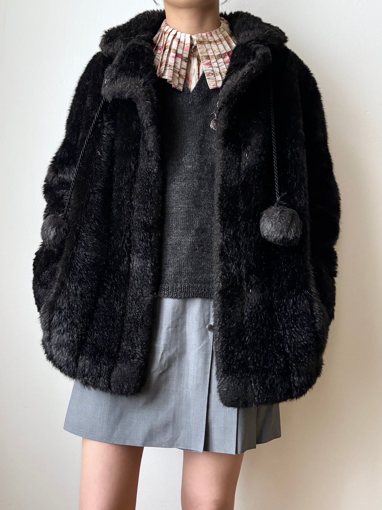 vintage fur jacket with ponpon tie