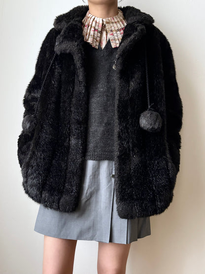 vintage fur jacket with ponpon tie