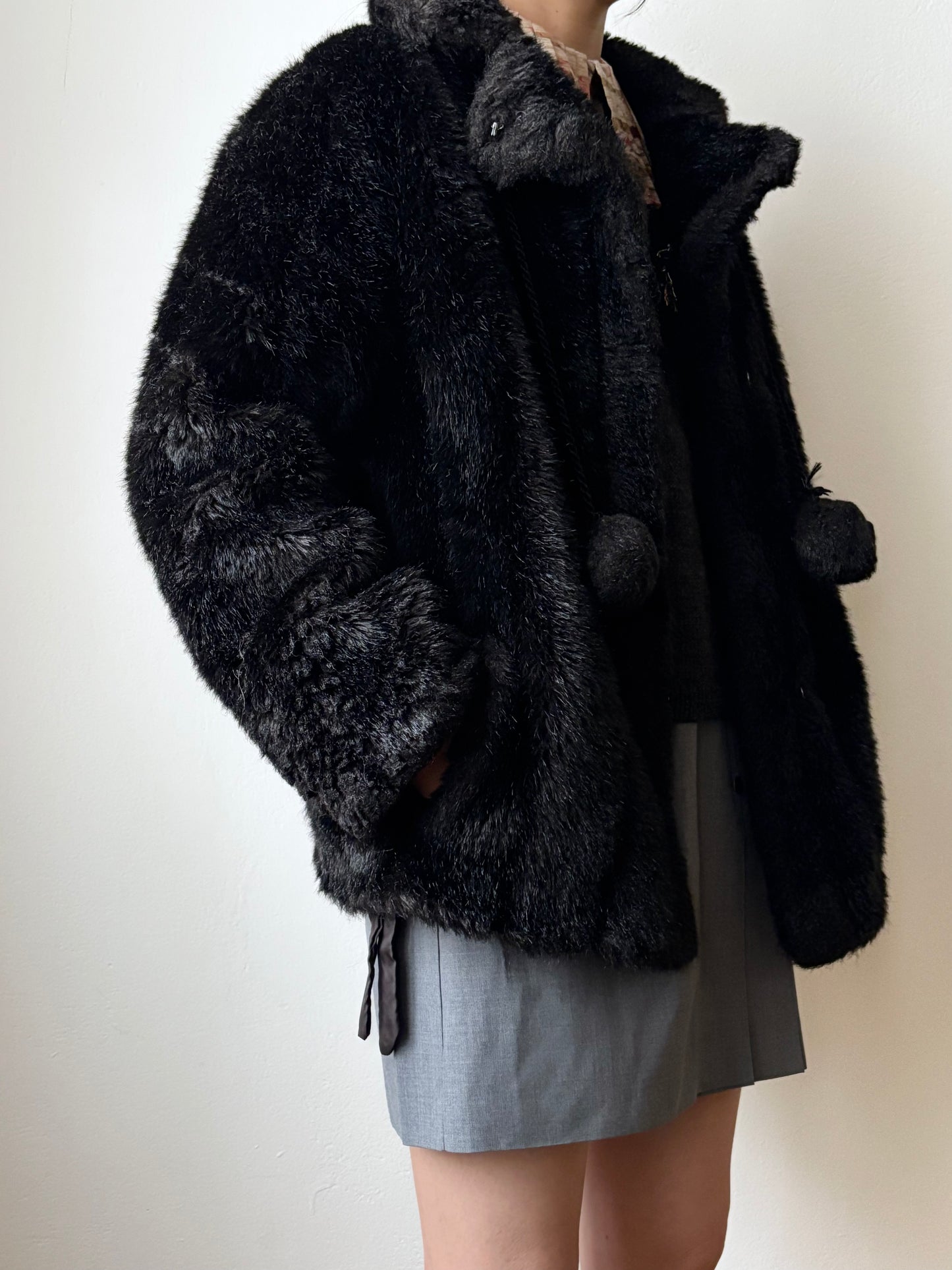 vintage fur jacket with ponpon tie