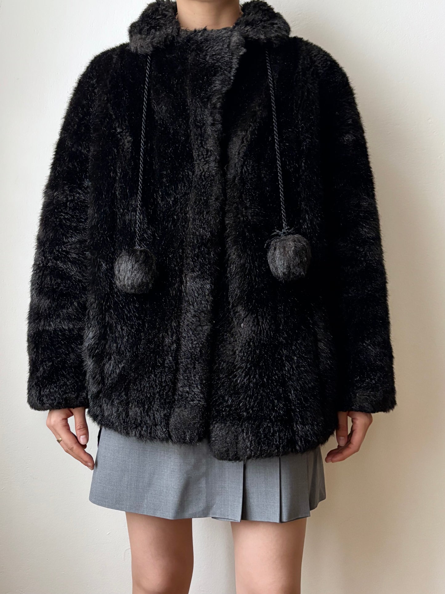 vintage fur jacket with ponpon tie